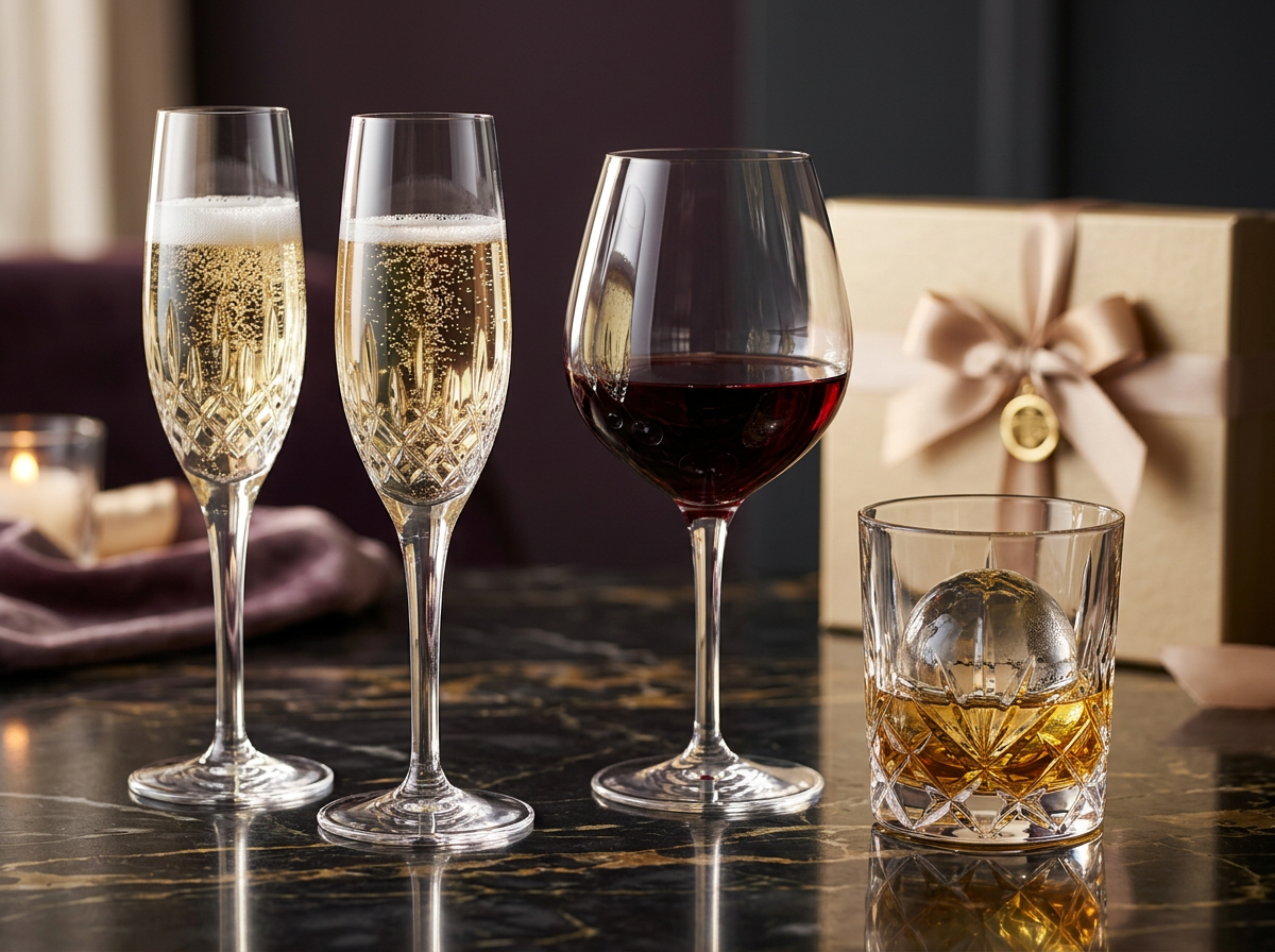 Wine, whiskey and champagne glasses arranged for gifting